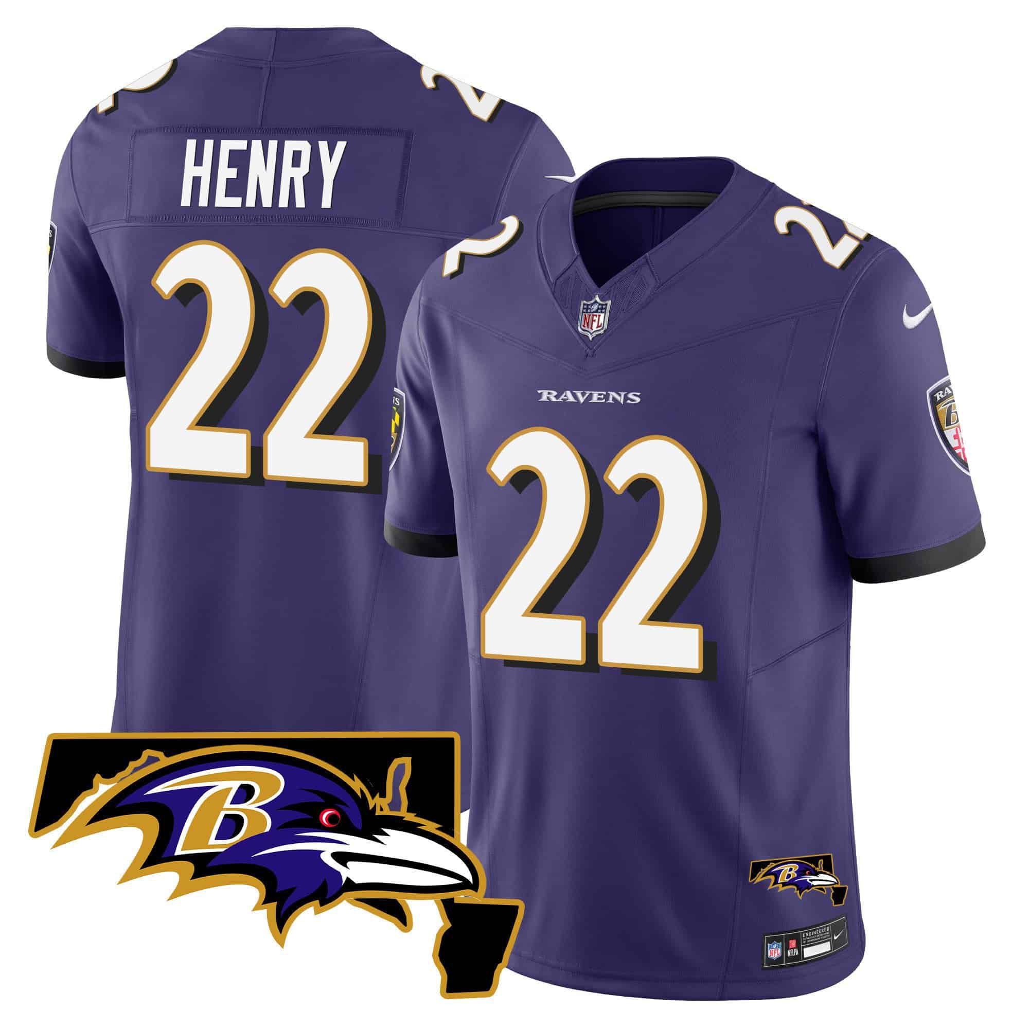 Men Baltimore Ravens 22 Henry Purple 2024 Nike Maryland Patch Vapor Limited NFL Jersey style 1